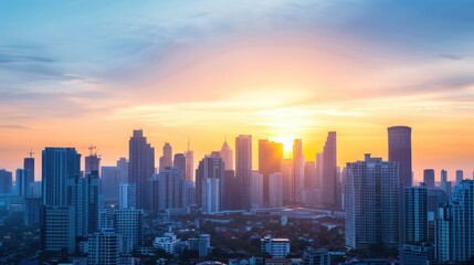 Fototapeta premium Urban Skyline: Capture the sleek lines and glass facades of a modern city skyline during sunset.