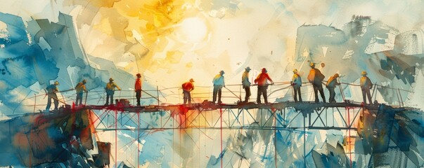 A watercolor painting of a group of engineers designing a new bridge, their creativity and problem-solving skills evident in their work.
