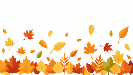 Fototapeta premium Autumn seasonal background with border made of falling autumn golden, red and orange colored leaves isolated on white background with place for text. Hello autumn vector illustration