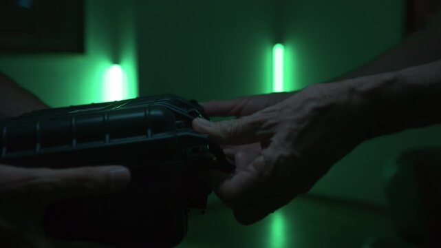 Hand gives briefcase with money to a buyer