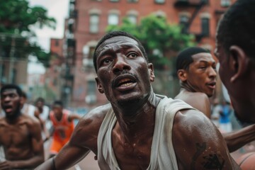 A close-up of a high-energy basketball game in an urban court captures the intense expressions of the players, highlighting their determination and the competitive spirit of the scene.