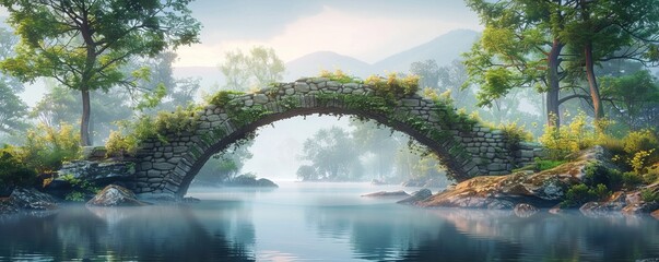 Ancient stone bridge spanning a tranquil river, 4K hyperrealistic photo