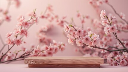 Fototapeta premium Delicate Cherry Blossoms Adorn a Peaceful Wooden Surface
