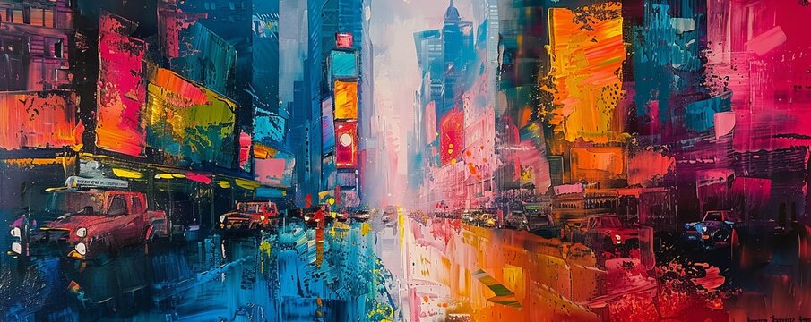 A vibrant abstract painting capturing the energy and excitement of a bustling city street.