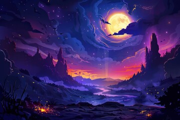 Mystical night landscape with a glowing moon and river flowing through a valley between dark mountains
