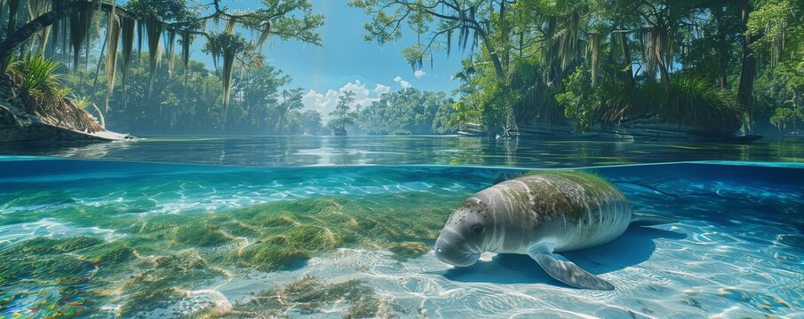 Gentle manatee gliding through crystal-clear waters, 4K hyperrealistic photo