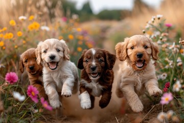 Four puppies energetically leap among a field of wildflowers, with their fur gently catching the light, embodying pure joy and freedom in the midst of nature's beauty.