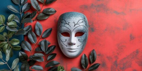 An elegant decorative mask surrounded by green leaves on a vibrant red and blue textured background, creating a festive and minimalist atmosphere