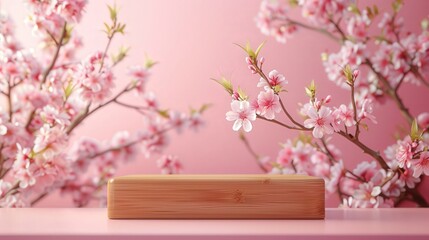 Serene Cherry Blossom Spring Scenery on Pastel Pink Background