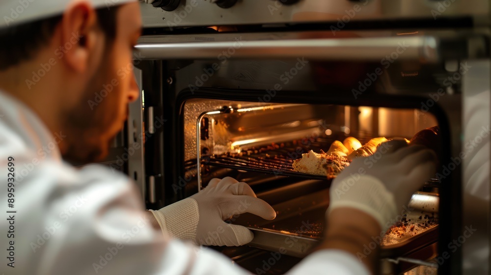 Poster chef checking oven: a chef peering into an oven with a gloved hand, checking on baking progress.
