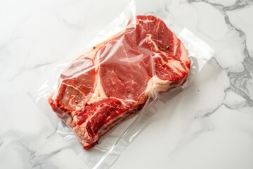 Fresh red raw beef ribeye steak sealed in transparent plastic vacuum pack on white marble table background