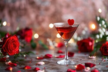 Glass with cocktail on a festive background with flowers and roses. Romantic Valentine's Day celebration