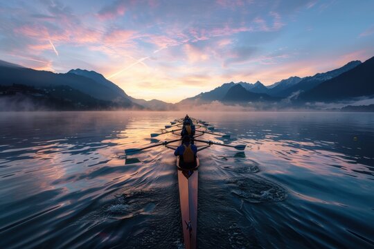A rowing team glides on a serene lake at sunrise, with mist-covered mountains in the background, reflecting the breathtaking blend of nature and human endurance.