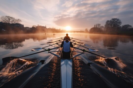 An orderly rowing team moves through the gentle mist of a river at dawn, showing the harmony between man and nature under the breaking sun.