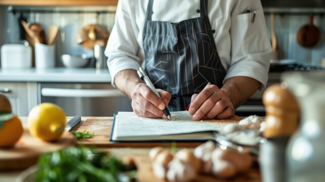 Chef writing a recipe: A chef standing at a kitchen counter, writing down a recipe in a notebook. - Powered by Adobe