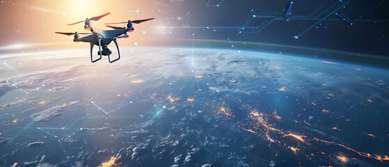 Fototapeta premium Drone Flying Above Earth With Network Connections.