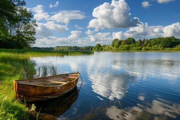 Obraz premium Tranquil Lake with Wooden Rowboat.