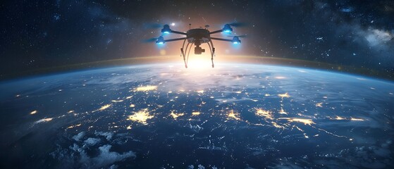 Naklejka premium Drone Flying Over Earth at Night.