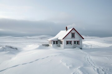 Fototapeta premium A white house with a red roof stands alone in a vast snow-covered landscape, surrounded by deep snowdrifts and a distant, cloudy sky, evoking a sense of isolation and tranquility.
