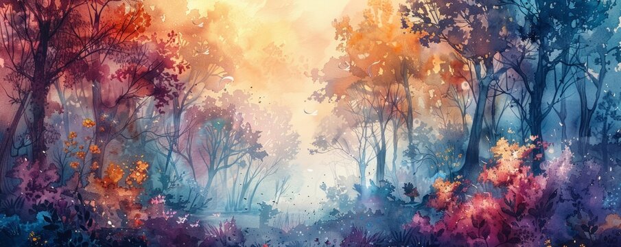 A watercolor painting of a mystical forest inhabited by fairies, unicorns, and other fantastical creatures, their ethereal forms dancing among the trees.