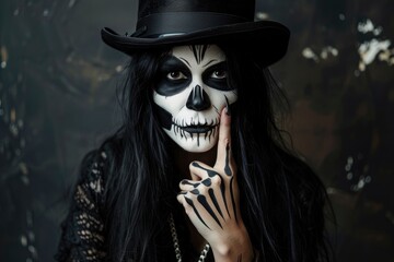 Woman with long black hair and skull face painting in various Halloween costumes at a studio, showcasing Halloween makeup and fashion.