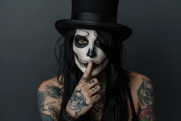 Woman with long black hair and skull face painting in various Halloween costumes at a studio, showcasing Halloween makeup and fashion.