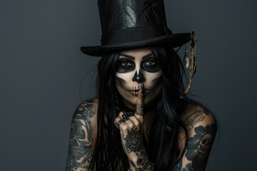 Woman with long black hair and skull face painting in various Halloween costumes at a studio, showcasing Halloween makeup and fashion.