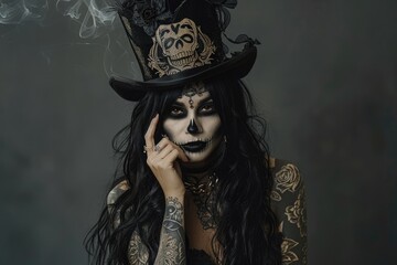 Woman with long black hair and skull face painting in various Halloween costumes at a studio, showcasing Halloween makeup and fashion.