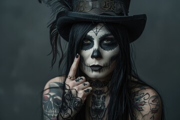 Woman with long black hair and skull face painting in various Halloween costumes at a studio, showcasing Halloween makeup and fashion.
