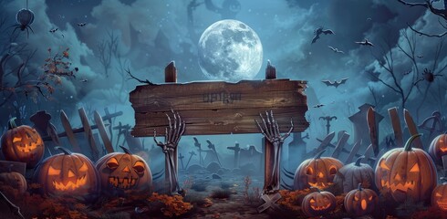 Halloween Card Party - Pumpkins And Zombies In Graveyard With Wooden Board