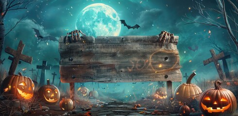 Halloween Card Party - Pumpkins And Zombies In Graveyard With Wooden Board