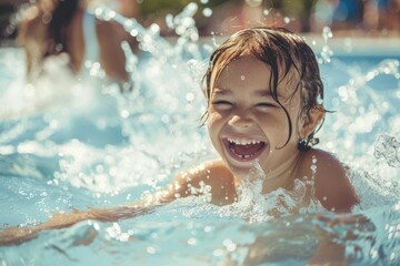 little laughing children playing in a water park, a child splashing in a summer outdoor pool, portrait, toddler kid