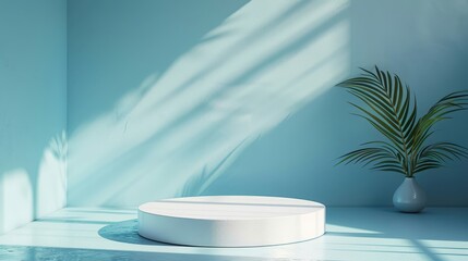 Obraz premium Minimalist Turquoise Product Podium with Palm Leaf