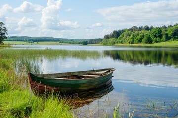 Obraz premium Tranquil lake scene with a small boat resting on the shore.