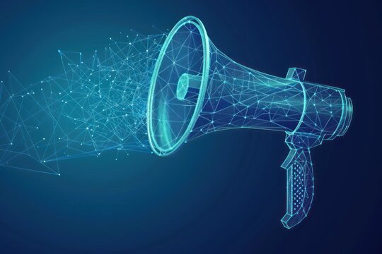 Megaphone. Low poly wireframe marketing blue background or concept with hand loudspeaker