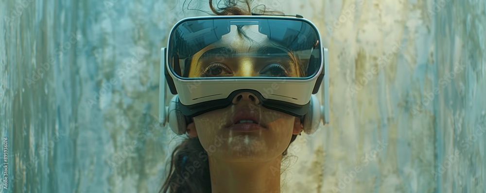 Poster a virtual reality headset transporting users to a different world, immersing them in a simulated env