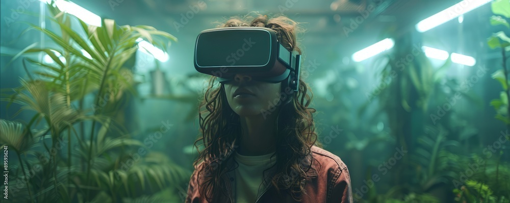 Poster a virtual reality headset transporting users to a different world, immersing them in a simulated env