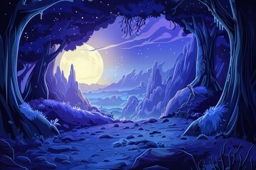 Mystical moonlit forest path with mountains and rocks