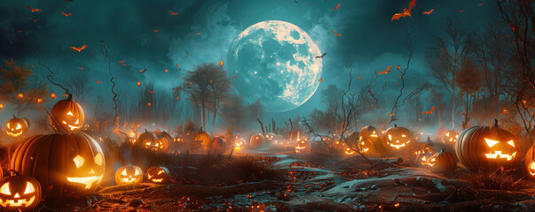 Fototapeta premium Halloween pumpkin in graveyard with fog and lights in the spooky night, Halloween backdrop. Background banner design with copy space for text