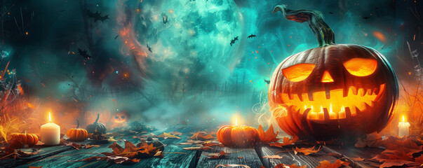 Naklejka premium A Spooky Halloween Scene with a Jack-O-Lantern On a Table in the Foreground, Lit by Candlelight. The Background Shows a Dark and Eerie Forest Under a Full Moon