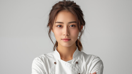 Fototapeta premium Portrait of beautiful young asian woman chef in white uniform.
