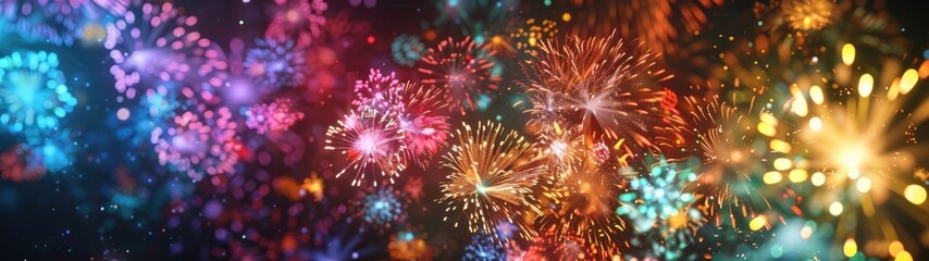 Colorful fireworks illuminating the night sky above a city skyline, creating a dazzling spectacle of light and color