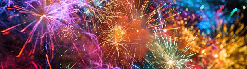 Colorful fireworks illuminating the night sky above a city skyline, creating a dazzling spectacle of light and color