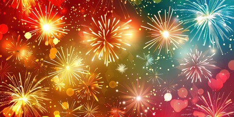 Colorful fireworks illuminating the night sky above a city skyline, creating a dazzling spectacle of light and color