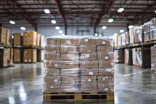 Pallet of wrapped food products in bright warehouse