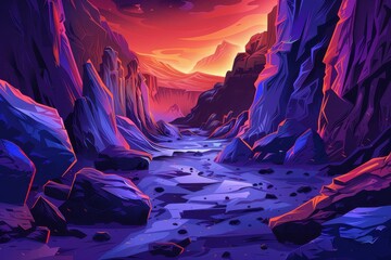 Obraz premium Mystical Canyon Landscape with Vibrant Sunset in Shades of Purple and Orange