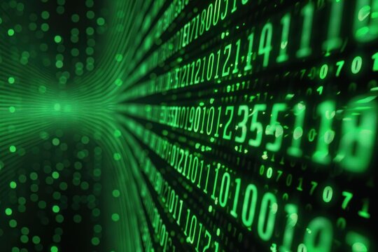 Pattern of green binary code in shape human face with glyphs, ones and zeroes, alien glyphs, matrix style