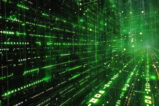 Pattern of green binary code in shape human face with glyphs, ones and zeroes, alien glyphs, matrix style