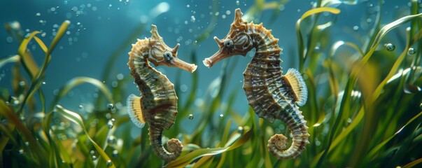 Fototapeta premium Elegant seahorses dancing in the seagrass, 4K hyperrealistic photo