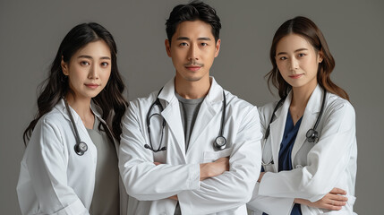 Fototapeta premium group of asian doctors standing with arms crossed isolated on grey background